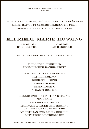 Traueranzeige von Elfriede Marie Rossing von HZ