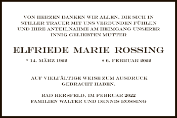 Traueranzeige von Elfriede Marie Rossing von HZ