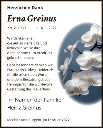 Traueranzeige von Erna Greinus von HZ