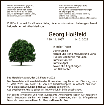 Traueranzeige von Georg Hoßfeld von HZ