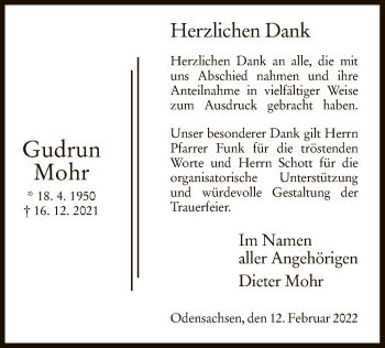 Traueranzeige von Gudrun Mohr von HZ