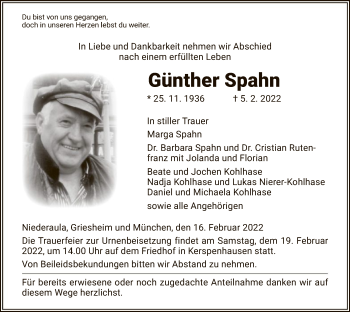 Traueranzeige von Günther Spahn von HZ