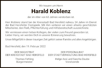 Traueranzeige von Harald Koblenz von HZ