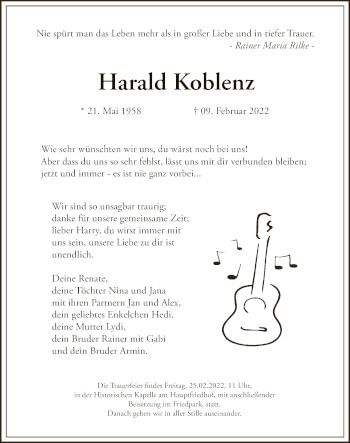 Traueranzeige von Harald Koblenz von HZ