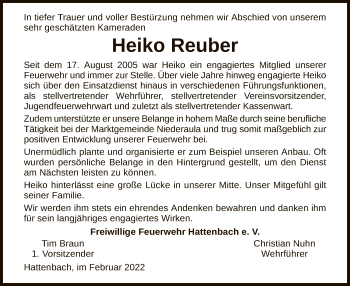 Traueranzeige von Heiko Reuber von HZ