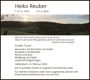 Traueranzeige von Heiko Reuber von HZ