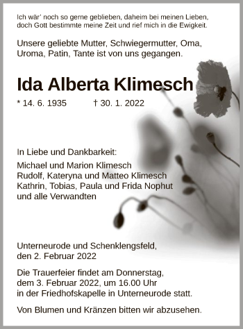 Traueranzeige von Ida Alberta Klimesch von HZ