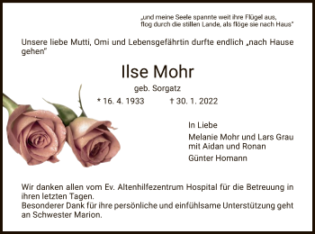 Traueranzeige von Ilse Mohr von HZ