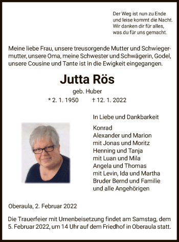 Traueranzeige von Jutta Rös von HNA