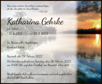 Traueranzeige von Katharina Gehrke von HZ