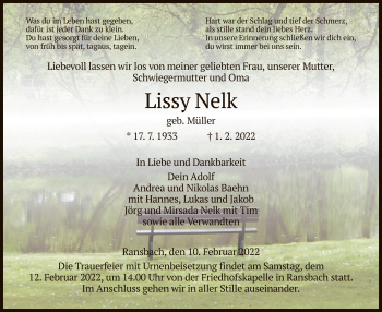 Traueranzeige von Lissy Nelk von HZ