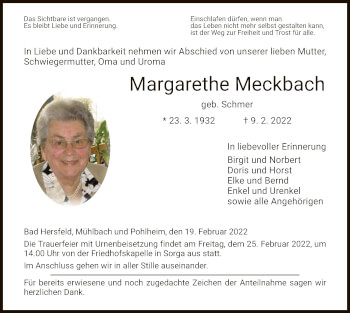 Traueranzeige von Margarethe Meckbach von HZ