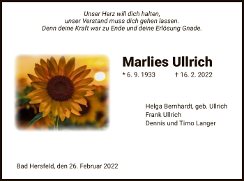 Traueranzeige von Marlies Ullrich von HZ