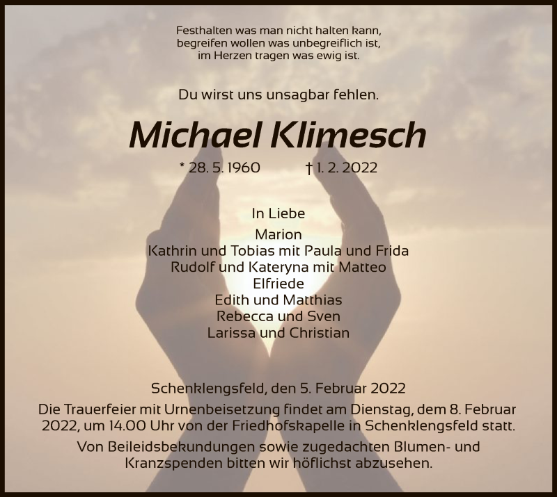  Traueranzeige für Michael Klimesch vom 05.02.2022 aus HZ