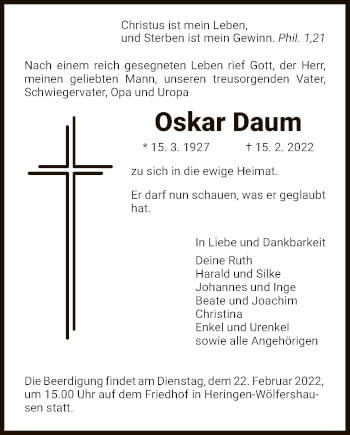 Traueranzeige von Oskar Daum von HZ