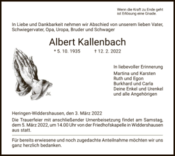 Traueranzeige von Albert Kallenbach von HZ