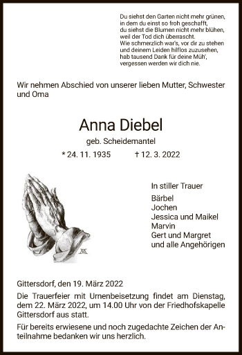 Traueranzeige von Anna Diebel von HZ