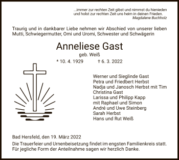 Traueranzeige von Anneliese Gast von HZ