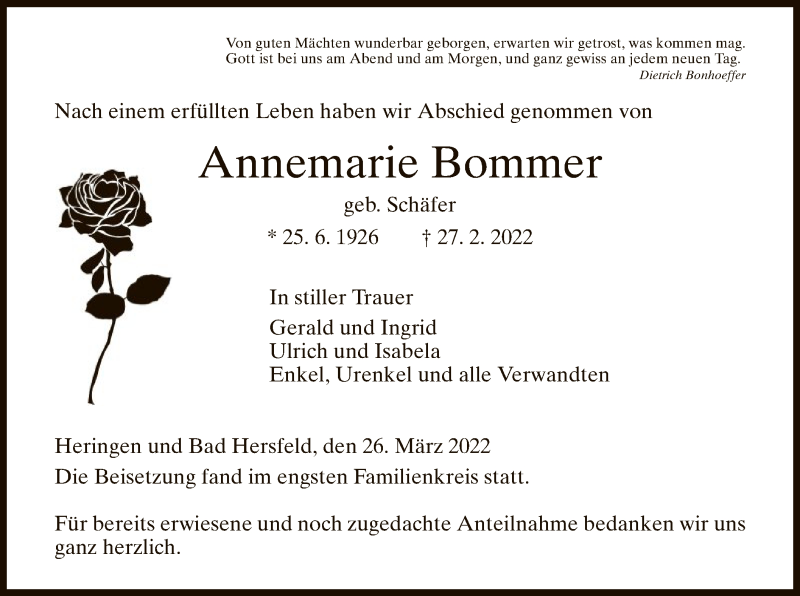  Traueranzeige für Annemarie Bommer vom 26.03.2022 aus HZ