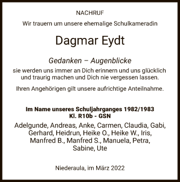 Traueranzeige von Dagmar Eydt von HZ