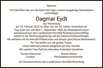 Traueranzeige von Dagmar Eydt von HZ