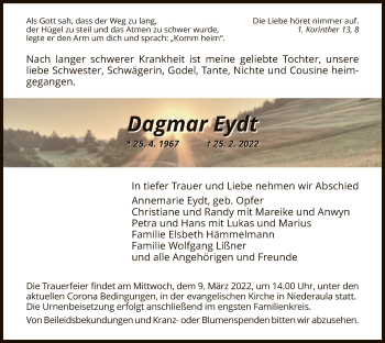 Traueranzeige von Dagmar Eydt von HZ