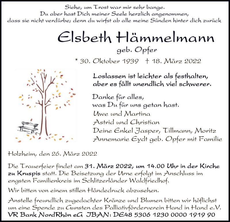  Traueranzeige für Elsbeth Hämmelmann vom 26.03.2022 aus HZ