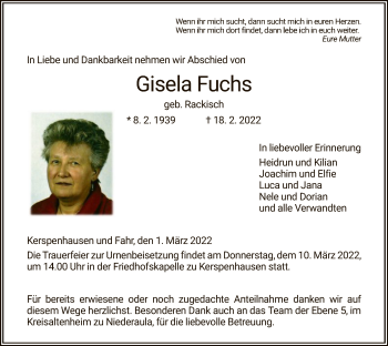 Traueranzeige von Gisela Fuchs von HZ