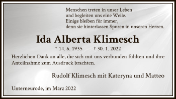 Traueranzeige von Ida Alberta Klimesch von HNA