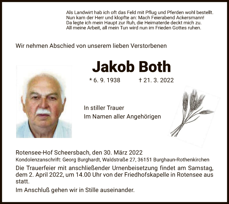  Traueranzeige für Jakob Both vom 30.03.2022 aus HZ
