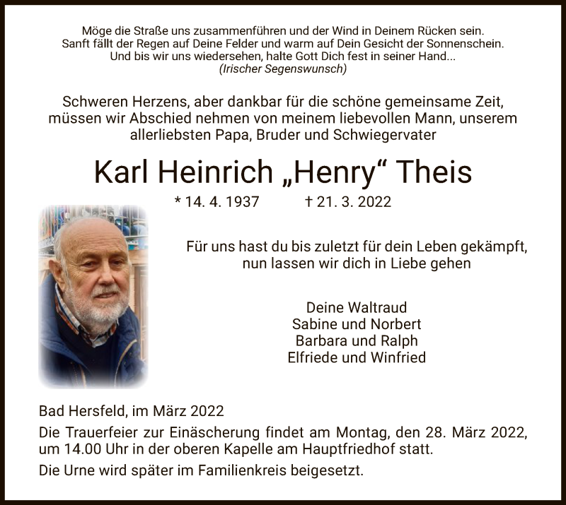  Traueranzeige für Karl Heinrich  Theis vom 26.03.2022 aus HZ