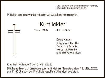 Traueranzeige von Kurt Ickler von HZ