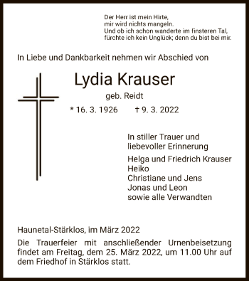 Traueranzeige von Lydia Krauser von HZ