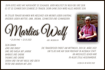 Traueranzeige von Marlies Wolf von HZ