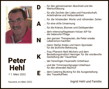 Traueranzeige von Peter Hehl von HZ