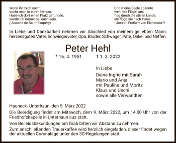 Traueranzeige von Peter Hehl von HZ