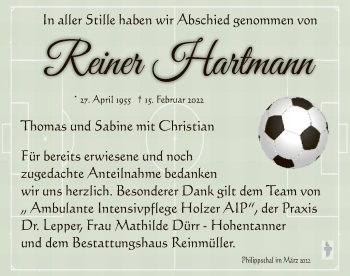 Traueranzeige von Reiner Hartmann von HZ