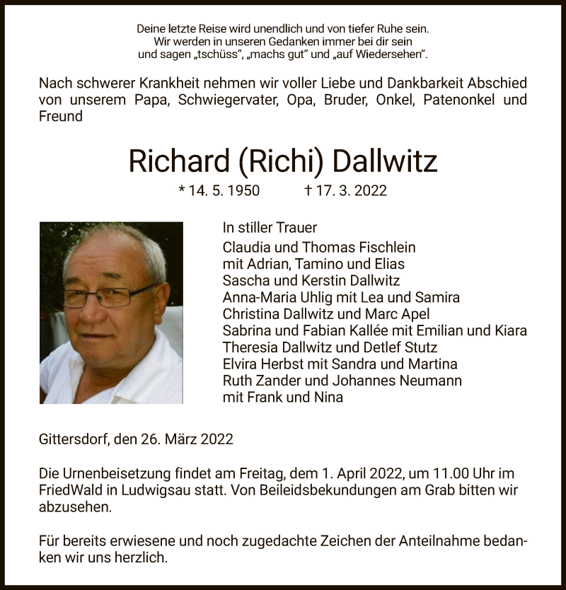  Traueranzeige für Richard Dallwitz vom 26.03.2022 aus HZ