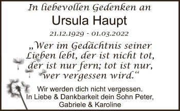 Traueranzeige von Ursula Haupt von HZ