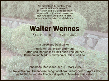 Traueranzeige von Walter Wennes von HZ