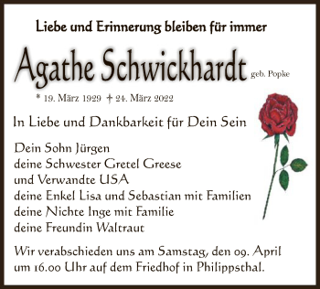 Traueranzeige von Agathe Schwickhardt von HZ