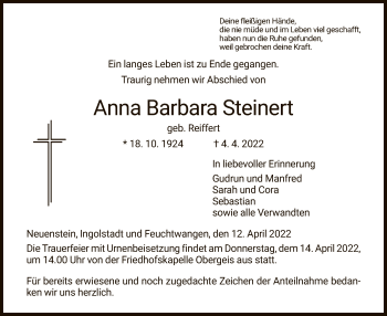 Traueranzeige von Anna Barbara Steinert von HZ