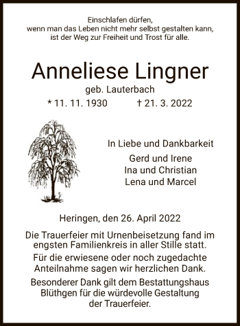 Traueranzeige von Anneliese Lingner von HZ