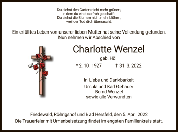 Traueranzeige von Charlotte Wenzel von HZ