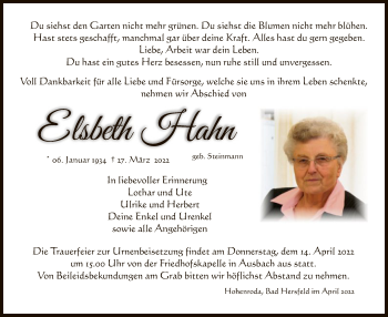 Traueranzeige von Elsbeth Hahn von HZ