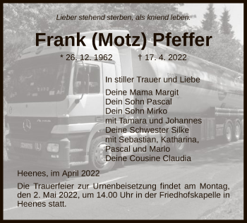 Traueranzeige von Frank Pfeffer von HZ