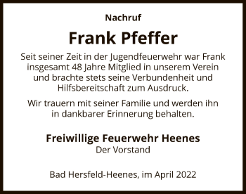 Traueranzeige von Frank Pfeffer von HZ