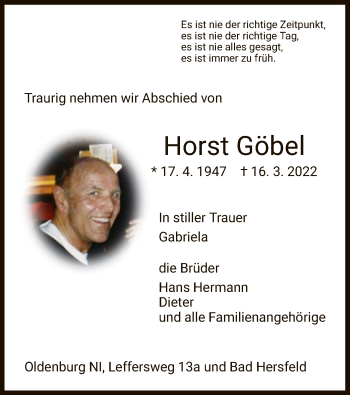 Traueranzeige von Horst Göbel von HZ