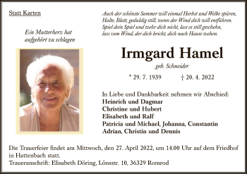 Traueranzeige von Irmgard Hamel von HZ