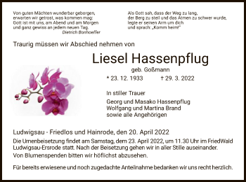 Traueranzeige von Liesel Hassenpflug von HZ